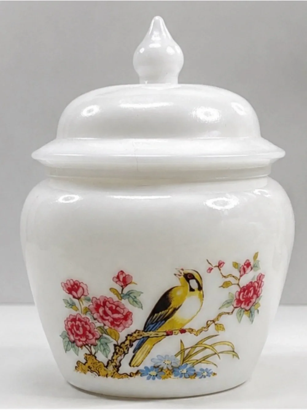 Vintage Avon Milk Glass Covered Vanity Jar Bird Floral Trinket Box Powder Jar